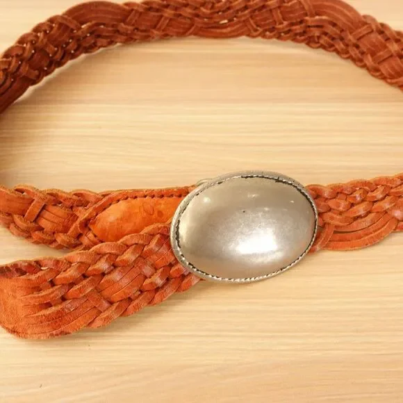 Silver Oval Buckle Belt 28 XS Small Western Brown Leather ENGLAND‎ GEORGE STUART
